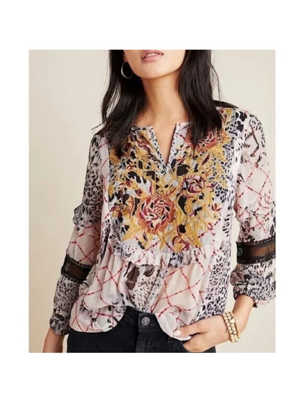 Anthropologie Mathilda XS Pink Print Boho Embroidered Boho Preppy Maximalist
